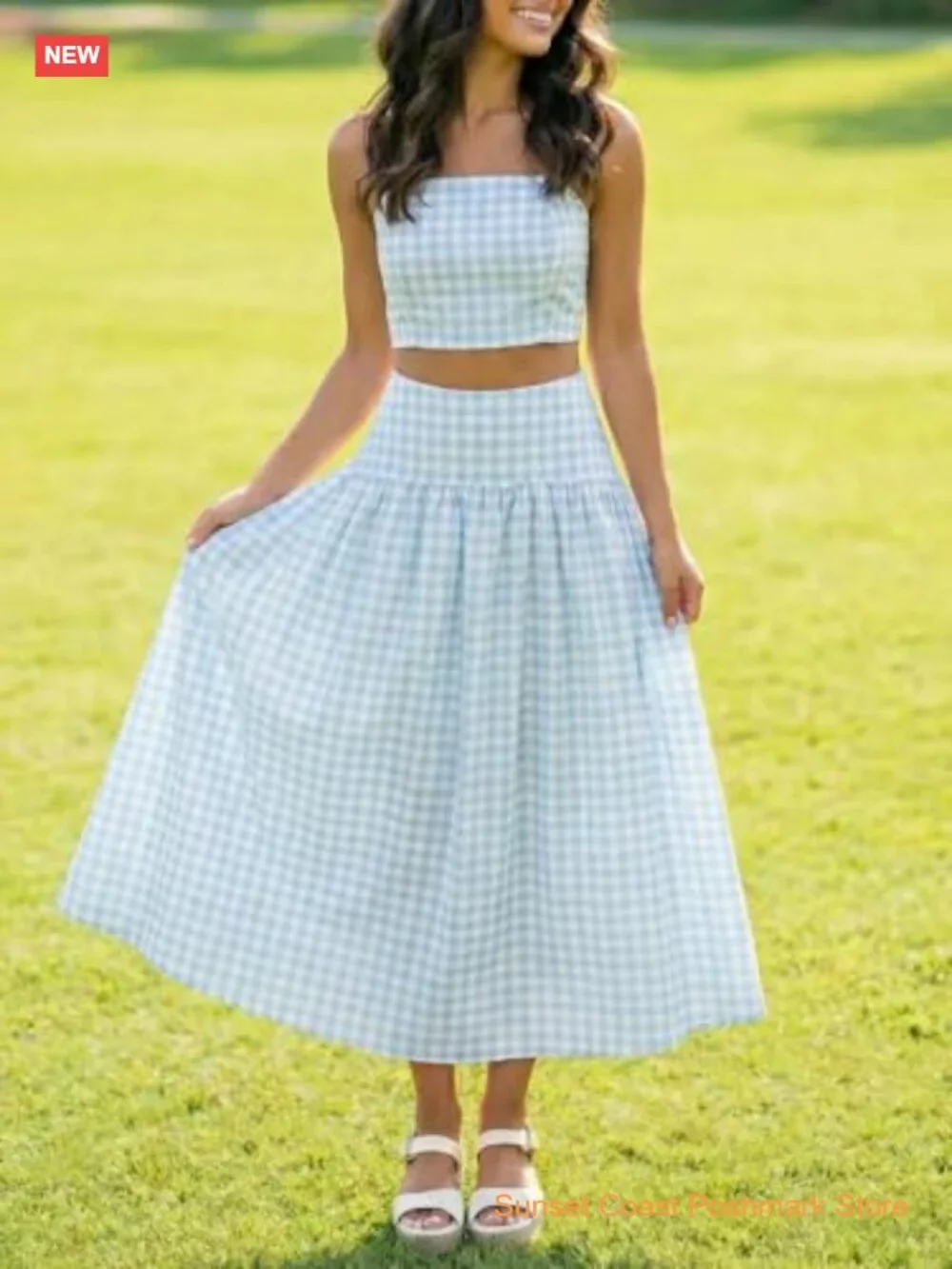 2 Piece Skirt Set Gingham Crop Tank Top Midi Dress Travel Vacation Matching Set